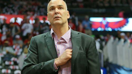 042713 ATLANTA: Hawks General Manager Danny Ferry surveys the playoff scene during the first home playoff game against Indiana on Saturday, April 27, 2013, in Atlanta. CURTIS COMPTON/ CCOMPTON@AJC.COM Danny Ferry is under fire for derogatory comments about former free agent Luol Deng. (Curtis Compton, AJC)