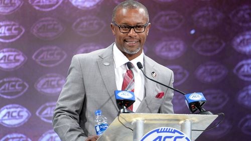 Florida State head coach Willie Taggart addresses the media during the 2018 ACC Football Kickoff in Charlotte, N.C. on July 19, 2018. (Photo by Sara D. Davis, theACC.com)