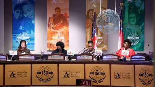 Atlanta Public Schools board members from left to right; Jennifer McDonald, Vice Chair Aretta Baldon, Chair Eshe Collins and Superintendent Lisa Herring are shown during the board meeting, Monday, August 8, 2022, in Atlanta. (Photo: Jason Getz / Jason.Getz@ajc.com)