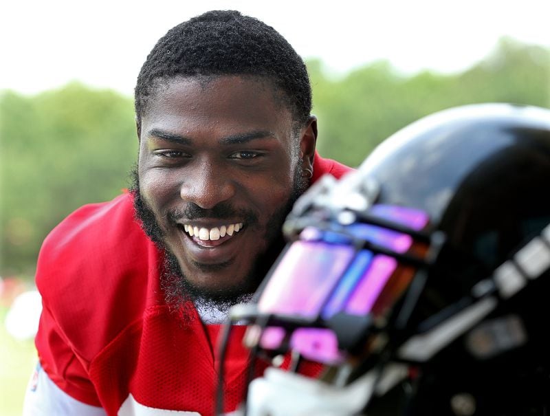 May 30, 2018 Flowery Branch: Atlanta Falcons running back Tevin Coleman is all smiles during an interview after organized team activity on Wednesday, May 30, 2018, in Flowery Branch.  Curtis Compton/ccompton@ajc.com