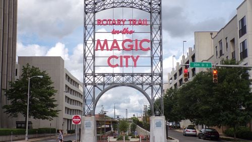Birmingham’s boom in the early 20th century led to the nickname “Magic City,” honored by this sign at the entrance of the Rotary Trail. (Blake Guthrie)