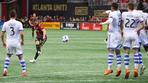 April 28, 2018 Atlanta: Atlanta United midfielder Kevin Kratz scores his second goal of the game, both on free kicks, for a 4-1 victory over the Montreal Impact in a MLS soccer match on Saturday, April 28, 2018, in Atlanta.  Curtis Compton/ccompton@ajc.com