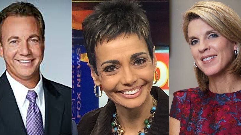 Holly Morris (right), a Fox 5 anchor in D.C., in a podcast spilled the beans about her then husband Tom Sater (left) (now at CNNI in Atlanta) cheating on her with her co-anchor at the time Gurvir Dhindsa (center). CREDIT: publicity photos