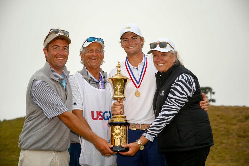 Tyler Strafaci poses with his family after winning the U.S. Amateur championship Aug. 16, 2020 at Bandon Dunes Golf Resort in Bandon, Ore. From left: brother Trent, father Frank, Tyler and mother Jill.