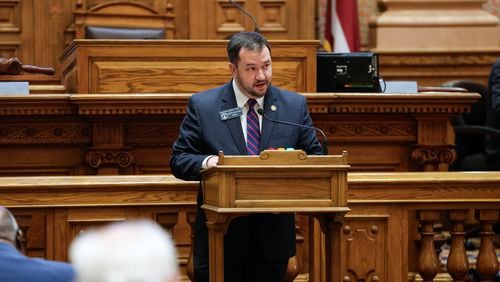 Sen. Jason Anavitarte, R-Dallas, speaks in favor of Senate Bill 344 at the Georgia Capitol on Tuesday. The legislation would make firearms and accessories tax exempt during the first week of hunting season. The Senate approved it on a 30-22 party-line vote, with Republicans in favor. It now heads to the House. (Natrice Miller/ Natrice.miller27@gmail.com)