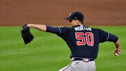 Braves starting pitcher Charlie Morton delivers to a Houston Astros batter during the first inning in game 1 of the World Series at Minute Maid Park, Tuesday October 26, 2021, in Houston, Tx. Hyosub Shin / Hyosub.Shin@ajc.com