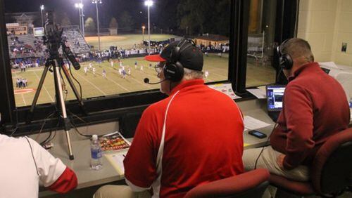 Clarke Central broadcasters Buster Crumpton and Chuck Wegmann call a Gladiators football game. (courtesy of Buster Crumpton).