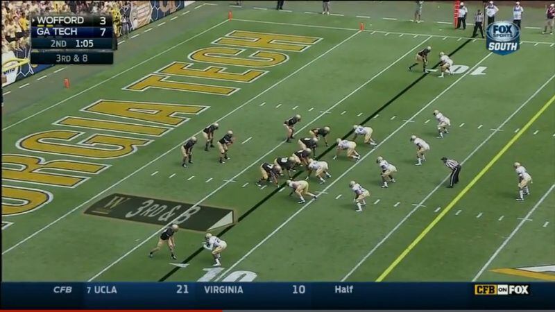 The pre-snap alignment: On the line, Tyler Stargel at left end, Shawn Green at nose tackle, Adam Gotsis at defensive tackle, Roderick Rook-Chungong at right end. At linebacker, Paul Davis (left) and Quayshawn Nealy. Safety Isaiah Johnson has walked down and is next to nickel back Demond Smith, in something of a 4-4 alignment Tech used often Saturday. Safety Jamal Golden is deep.