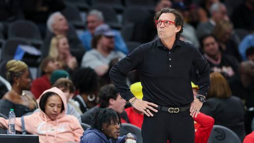 Atlanta Hawks head coach Quin Snyder reacts during the closing minutes of their loss to the Chicago Bulls at State Farm Arena, Monday, February 12, 2024, in Atlanta. The Chicago Bulls won 136 - 126. (Jason Getz / jason.getz@ajc.com)