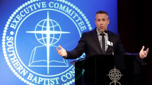 Southern Baptist Convention President J.D. Greear speaks to the denomination's executive committee in Nashville, Tenn. Just days after a newspaper investigation revealed hundreds of sexual abuse cases by Southern Baptist ministers and lay leaders over the past two decades, Greear spoke about plans to address the problem. (AP Photo/Mark Humphrey)