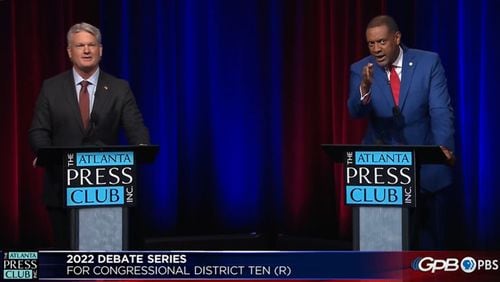 Trucking company owner Mike Collins (left) and former state Rep. Vernon Jones participate in the Atlanta Press Club debate ahead of the Republican runoff in Georgia's 10th Congressional District. Screenshot of Georgia Public Broadcasting livestream.