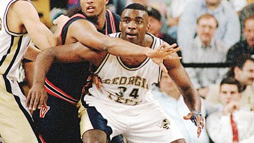 James Forrest battles for position in a 1994 game against Virginia. Two years earlier, his buzzer-beater against Southern California became an instant Tech tournament classic.