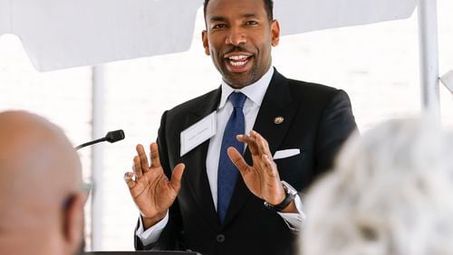 Atlanta Mayor Andre Dickens speaks at the ribbon cutting for the opening of Parkside, a new affordable housing community on the Beltline Westside trail on Wednesday June 1, 2022. (Natrice Miller / natrice.miller@ajc.com)