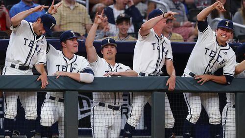 Georgia Tech players celebrate during a Georgia pitching change with the bases loaded during the fifth inning in the Spring Classic NCAA college baseball game at SunTrust Park on Tuesday, April 23, 2019, in Atlanta.    Curtis Compton/ccompton@ajc.com