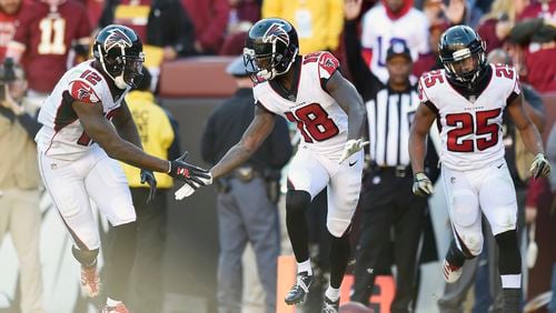 Ah, remember when the Falcons last won a game?  Wide receiver Calvin Ridley (18) celebrates his touchdown against Washington more than a month ago.