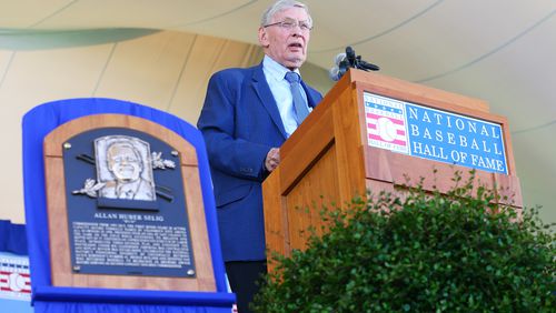 COOPERSTOWN, NY - JULY 30:  Bud Selig gives his induction speech at Clark Sports Center during the Baseball Hall of Fame induction ceremony on July 30, 2017 in Cooperstown, New York.  (Photo by Mike Stobe/Getty Images)