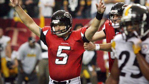 During his 2006 comeback, Morten Andersen celebrates his game-winning field goal in overtime against the Steelers. The Falcons won 41-38.