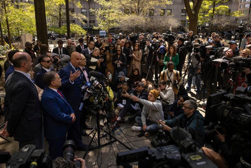 Arthur Aidala, an attorney for Harvey Weinstein, speaks during a press conference outside Manhattan Criminal Court, Thursday, April 25, 2024, in New York. (AP Photo/Yuki Iwamura)