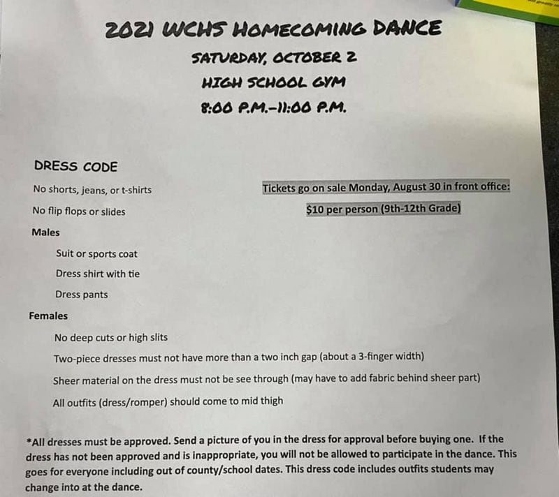 A communication about Wilcox County Schools' dress code for a homecoming dance tells students to send photos of themselves in dresses they plan to buy for the event to get them approved before purchasing them.