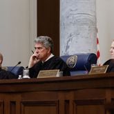 Georgia Supreme Court justices (from left) Nels S.D. Peterson, Michael P. Boggs and Sarah Hawkins Warren listen to arguments during a hearing on Wednesday, April 17, 2024. Peterson and Boggs are running for reelection unopposed in May. (Natrice Miller/AJC)