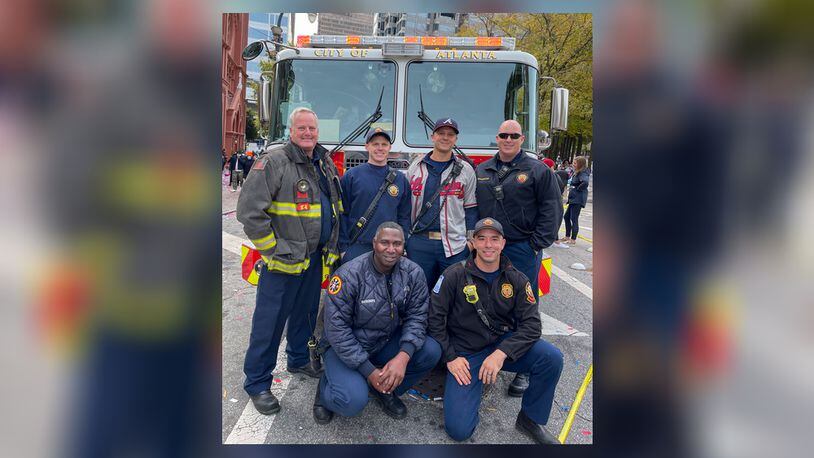 Firefighters from Atlanta Fire Station 4, including Capt. Chip Newell (top left) and Chris Hunter (bottom right), at the World Series victory parade for the Atlanta Braves in 2021.