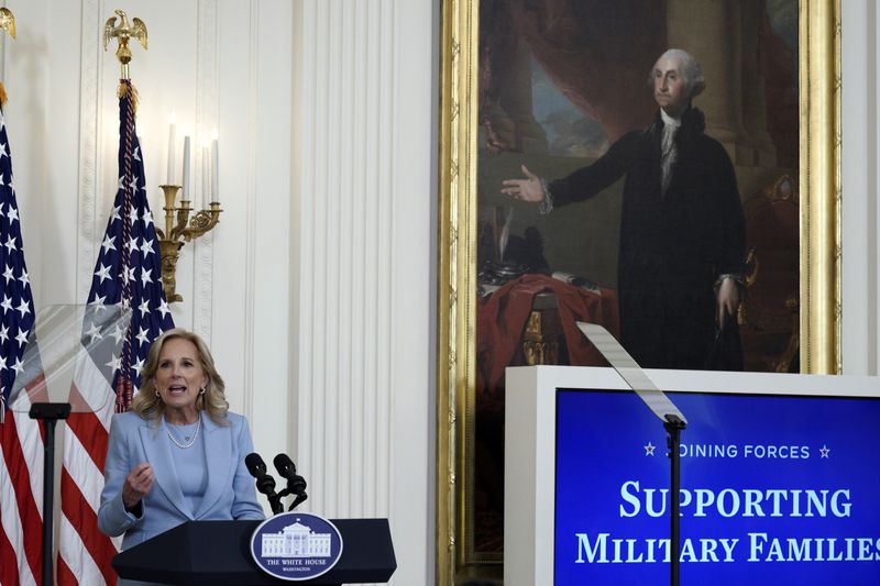 First lady Jill Biden speaks at an event on federal employment opportunities for military spouses in the East Room at the White House, Wednesday, Apr. 17, 2024, in Washington. (AP Photo/Yuri Gripas)