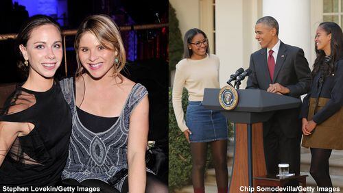 Barbara Bush (left), Jenna Bush Hager (left center), Sasha Obama (right center), President Barack Obama, Malia Obama (right)