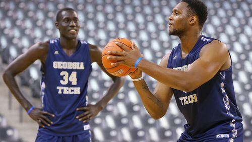 Georgia Tech forwards Abdoulaye Gueye (left) and Charles Mitchell get is some work during the team’s annual Media Day at McCamish Pavilion on Monday, Sept. 28, 2015, in Atlanta. Curtis Compton / ccompton@ajc.com