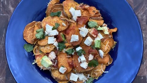 Take your nacho game to the next level by topping baked sweet potato slices with your favorite flavors. CONTRIBUTED BY KELLIE HYNES