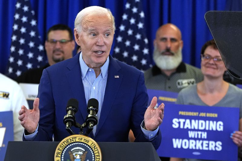 President Joe Biden speaks at the United Steelworkers Headquarters in Pittsburgh, Wednesday, April 17, 2024. (AP Photo/Gene J. Puskar)