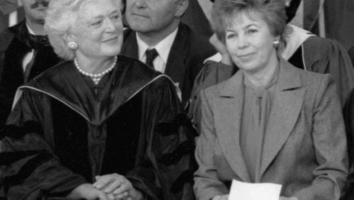 First Ladies Barbara Bush of the United States and Raisa Gorbacheva of the Soviet Union addressed the 1990 graduating class of Wellesley College.