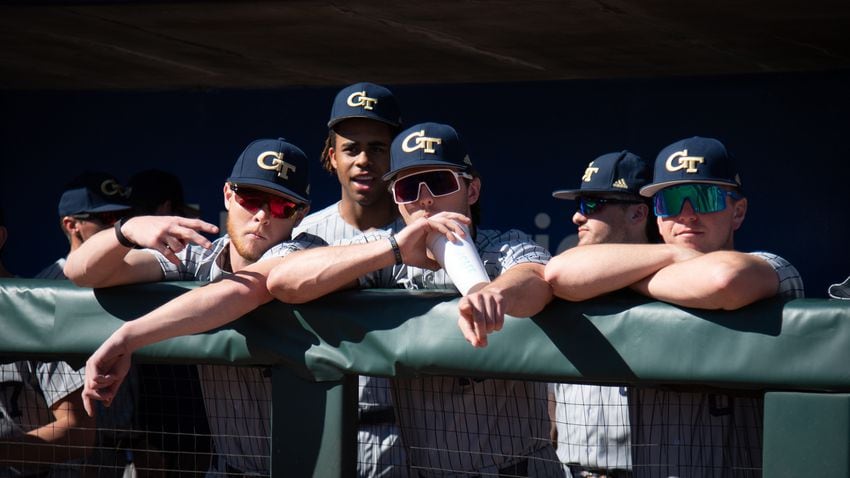 Georgia Tech players get ready for the 20th Spring Classic game against Georgia on Sunday at Coolray Field in Lawrenceville. (Jamie Spaar / for The Atlanta Journal-Constitution)
