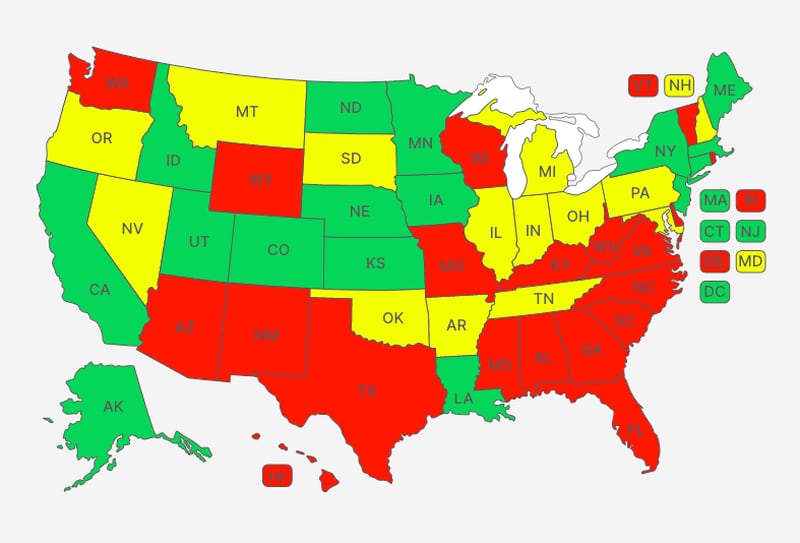 Sixteen states plus Washington, D.C., allow high school students to sign NIL deals. The states in green are where NIL deals are allowed. Yellow states are working on some form of NIL eligibility, while NIL deals are prohibited in red states. (Courtesy of Eccker Sports)
