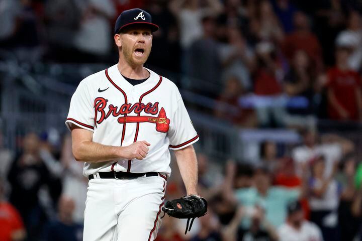 Braves relief pitcher Michael Tonkin (51) reacts after striking out the last Rockies batter at Truist Park. The Braves defeated the Colorado Rockies 8-3. Miguel Martinez / miguel.martinezjimenez@ajc.com 