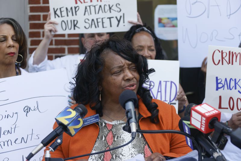 Senator Donzella James speaks against the bill as Democrats held a press conference down the street from where Gov. Brian Kemp will sign a bill, allowing permit less carry, at a gun store In Douglasville on Tuesday, April 12, 2022.  (Bob Andres / robert.andres@ajc.com)