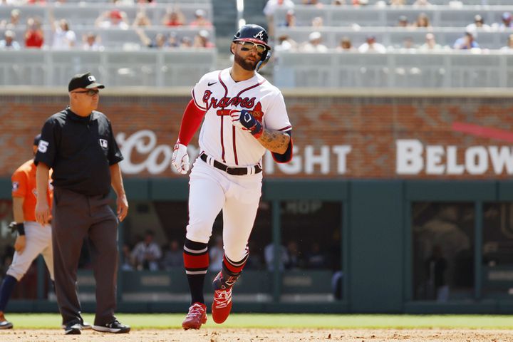 Braves left fielder Kevin Pillar runs the bases after hitting a solo home run during the fifth inning against the Astros at Truist Park, Sunday, April 23, 2023, in Atlanta. 
Miguel Martinez / miguel.martinezjimenez@ajc.com 