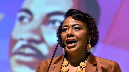Bernice King, CEO of The Martin Luther King Jr. Center, speaks to members of the press during a press conference to unveil details of 2024 King Holiday Observance at The King Center, Thursday, December 4, 2024, in Atlanta. (Hyosub Shin / Hyosub.Shin@ajc.com)
