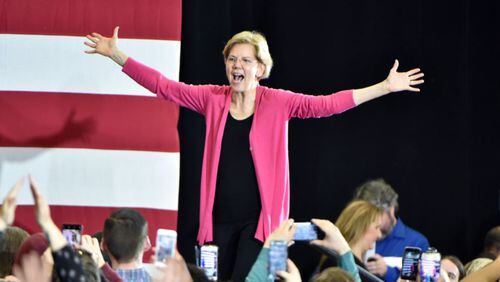 Sen. Elizabeth Warren, D-Mass., at a campaign rally Saturday in Lawrenceville. There were an estimated 1,200 attendees. (AJC photo, Hyosub Shin)