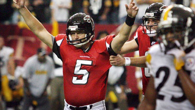 During his 2006 comeback, Morten Andersen celebrates his game-winning field goal in overtime against the Steelers. The Falcons won 41-38.