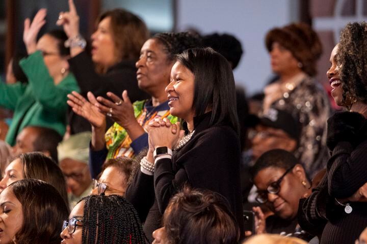 The audience reacts during a musical performance at the Dr. Martin Luther King Jr. Day program at Ebenezer Baptist Church in Atlanta on Monday, Jan. 15, 2024.   (Ben Gray / Ben@BenGray.com)