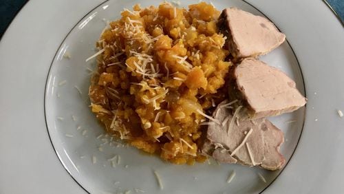Serve Riced Butternut Squash Risotto with baked pork tenderloin medallions for a quick, delicious and nutrient-packed meal. CONTRIBUTED BY KELLIE HYNES