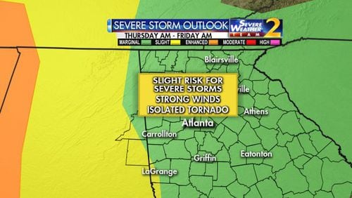 An updated severe storm risk shows the greatest risk moving in Thursday night into Friday. (Credit: Channel 2 Action News)
