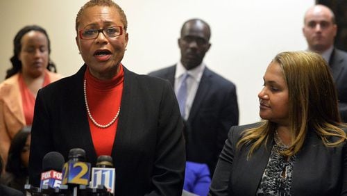 Sharon Davis-Williams, one of three former Atlanta Public Schools regional directors found guilty in a districtwide test-cheating scandal, speaks during a 2015 press conference. (KENT D. JOHNSON /KDJOHNSON@AJC.COM)