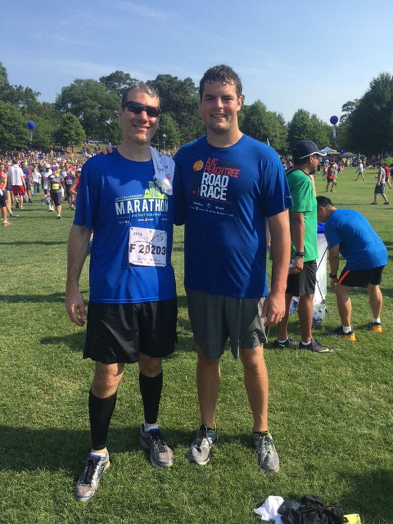  Former Georgia Tech guard Trey Braun (right) with his father-in-law David DiSalvor at the 2016 AJC Peachtree Road Race. (Courtesy Trey Braun)