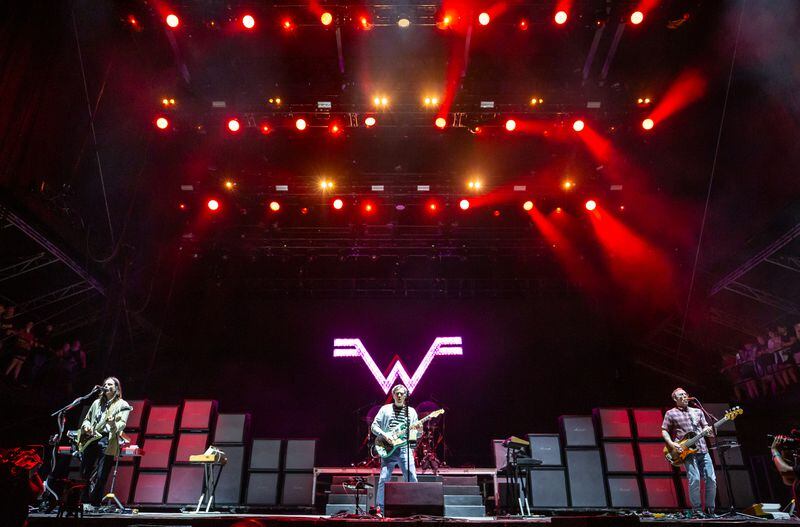 Atlanta, Ga: Weezer closed out night 2 at the Peachtree stage with their brand of quirky, alt-rock. Photo taken Saturday May 4, 2024 at Central Park, Old 4th Ward. AAJC 050424 shaky day two (RYAN FLEISHER FOR THE ATLANTA JOURNAL-CONSTITUTION)