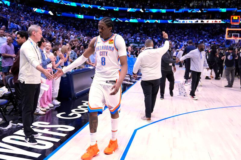 Oklahoma City Thunder's Jalen Williams (8) walks off the court after Game 6 of an NBA basketball second-round playoff series against the Dallas Mavericks Saturday, May 18, 2024, in Dallas. (AP Photo/Tony Gutierrez)