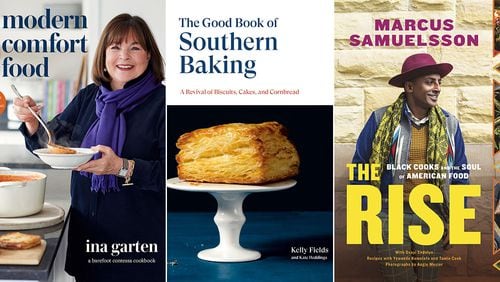 "Modern Comfort Food" by Ina Garten (from left), "The Good Book of Southern Baking" by Kelly Fields and "The Rise" by Marcus Samuelsson