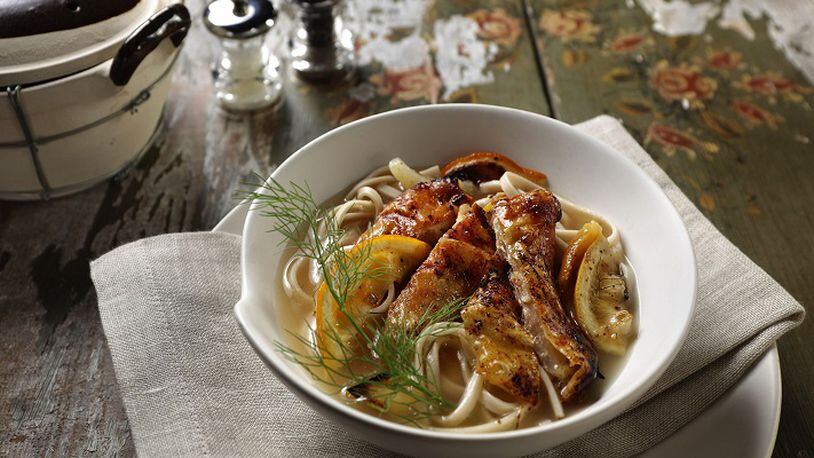 Chicken and vegetables are first roasted, then used to make a broth. The elements come together at the end for a deeply flavored soup; styling by Joan Moravek. (Abel Uribe/Chicago Tribune/TNS)