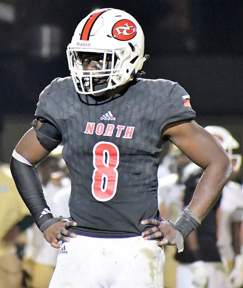  North Gwinnett linebacker Jayden McDonald, who is committed to Rutgers, has 13 tackles for losses and 11 sacks on the season.