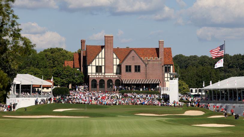 A general view of the 18th green in front of the clubhouse during the final round at East Lake Golf Club, Aug. 28, 2022, in Atlanta. (Jason Getz / Jason.Getz@ajc.com)